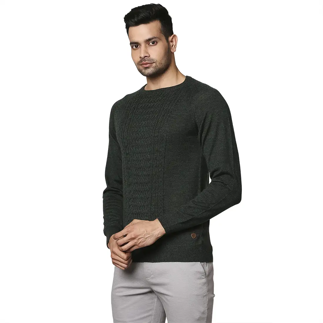 Men Green Structure Cable Wool Blend Round Collar Sweaters - Image 3