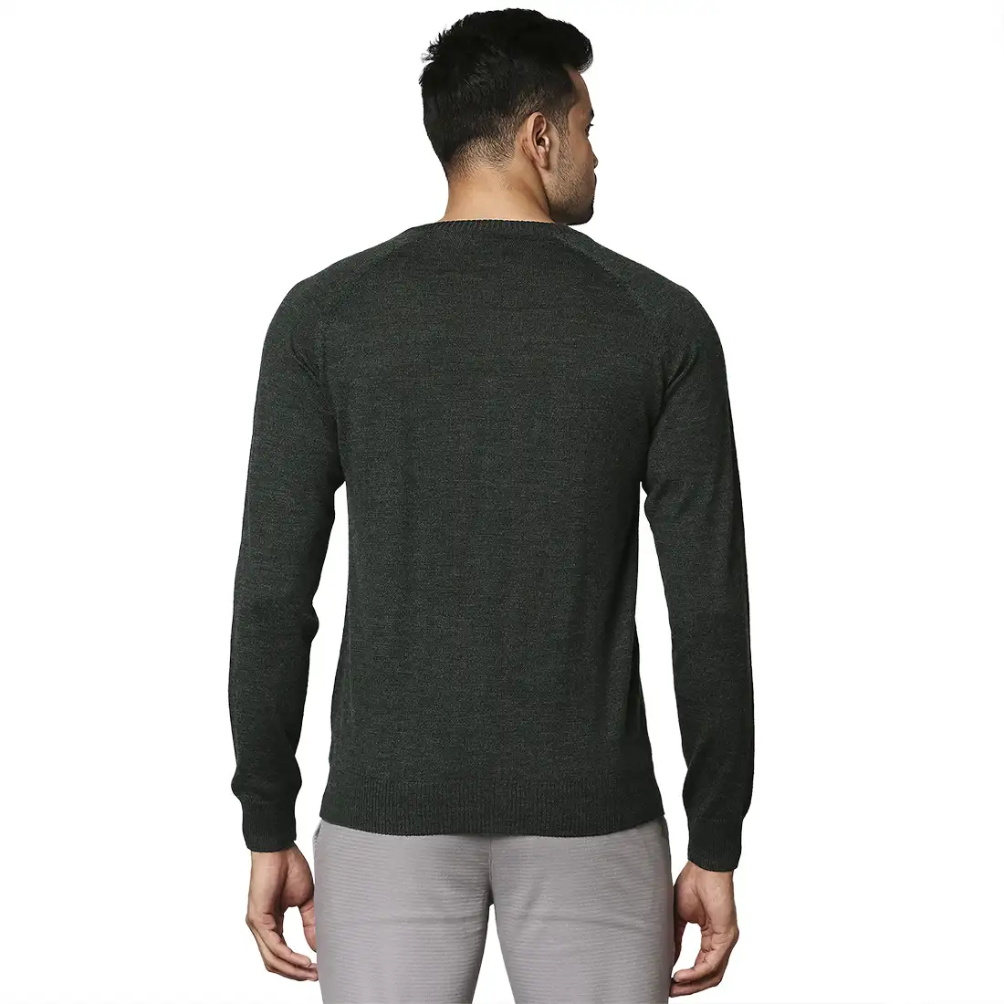 Men Green Structure Cable Wool Blend Round Collar Sweaters - Image 4