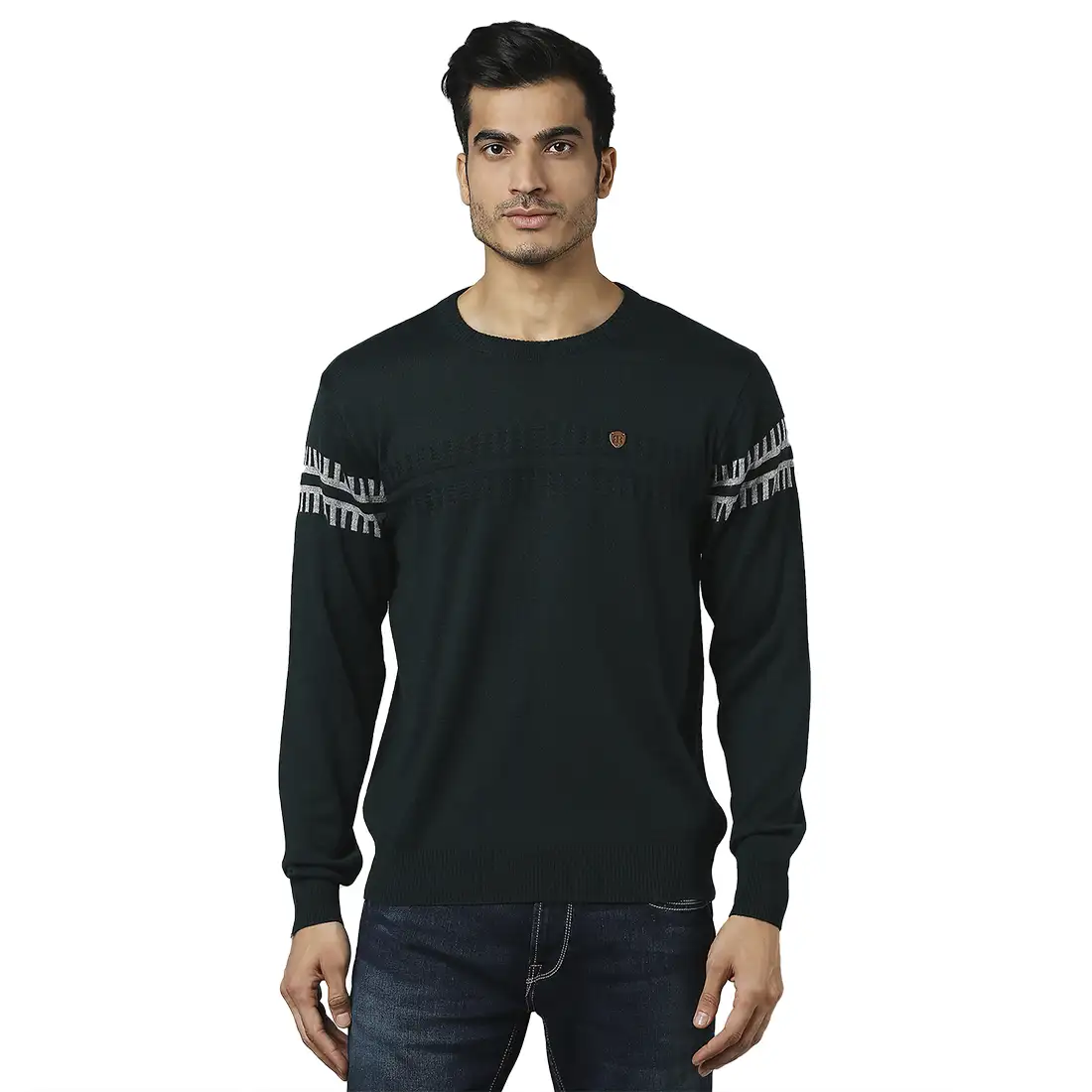 Men Green Structure Self Acrylic Wool Blend Round Collar Sweaters