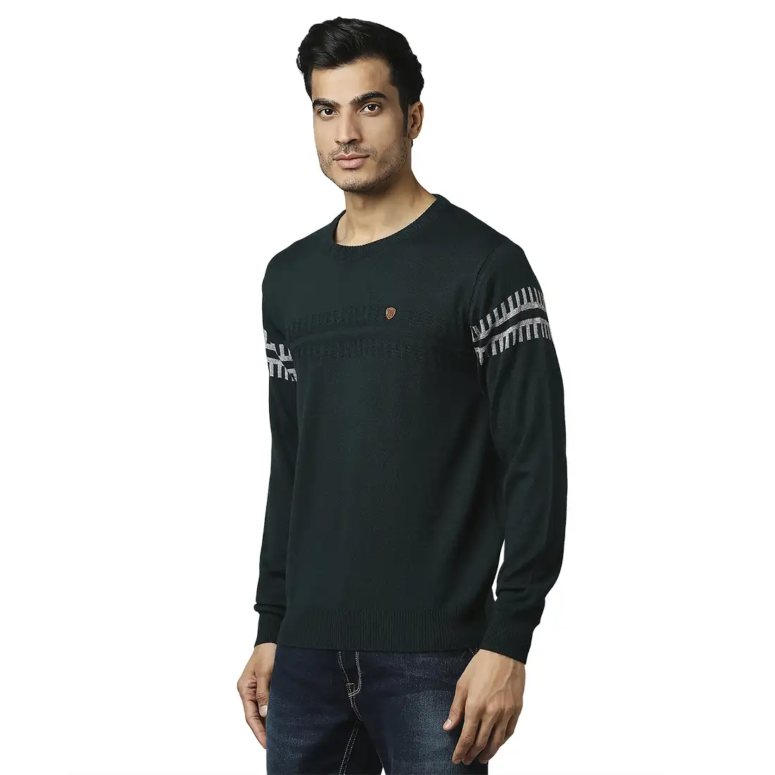 Men Green Structure Self Acrylic Wool Blend Round Collar Sweaters - Image 3