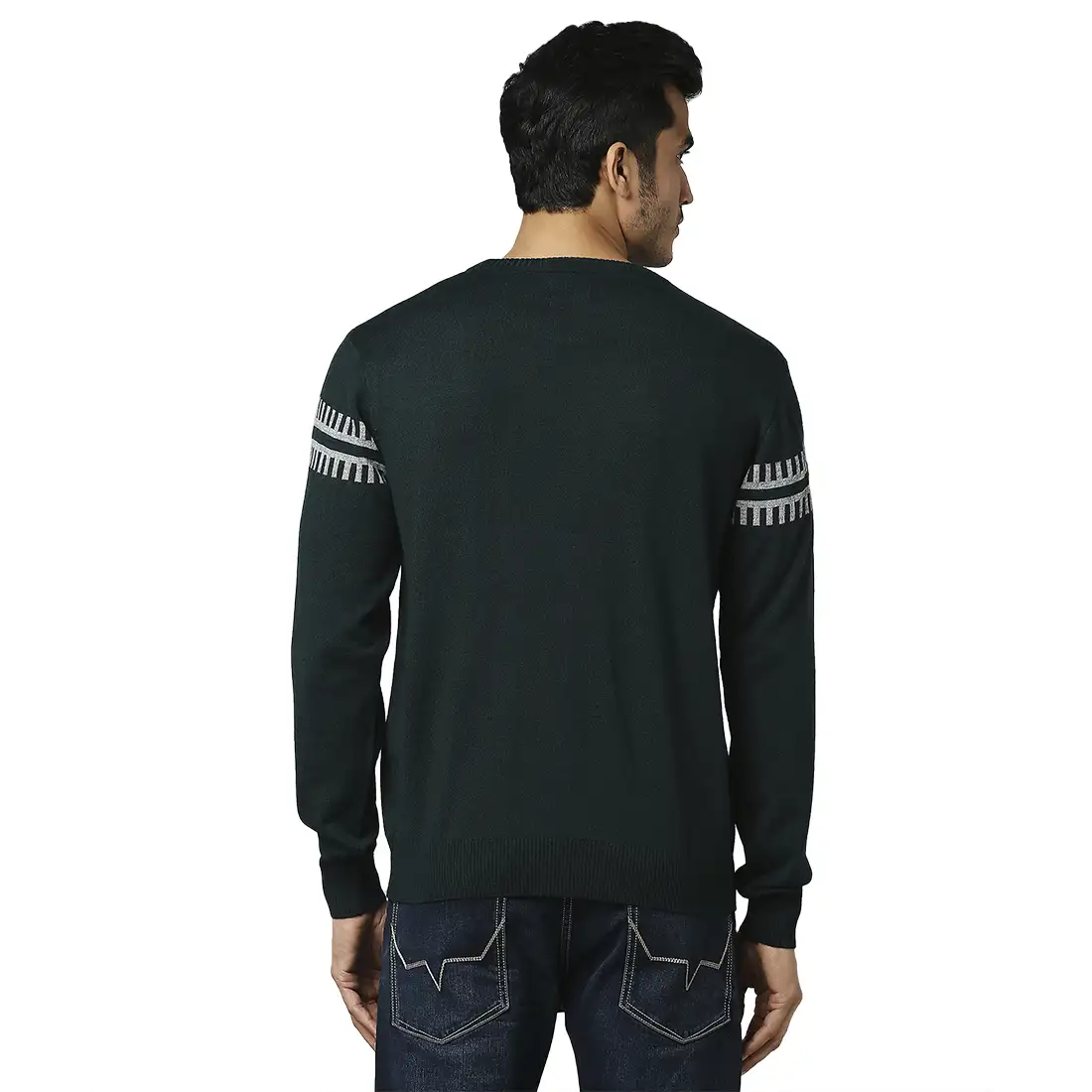 Men Green Structure Self Acrylic Wool Blend Round Collar Sweaters - Image 4