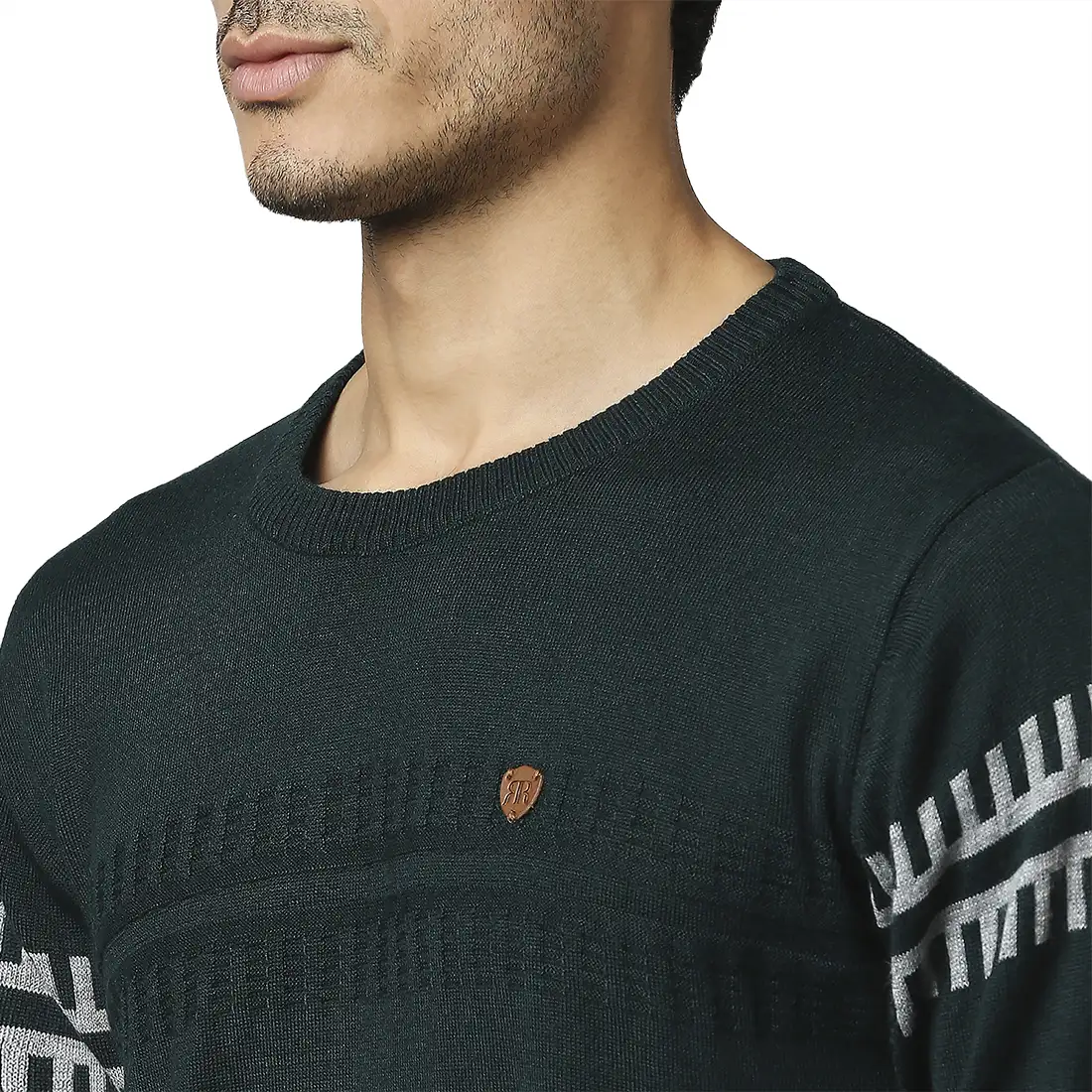 Men Green Structure Self Acrylic Wool Blend Round Collar Sweaters - Image 6