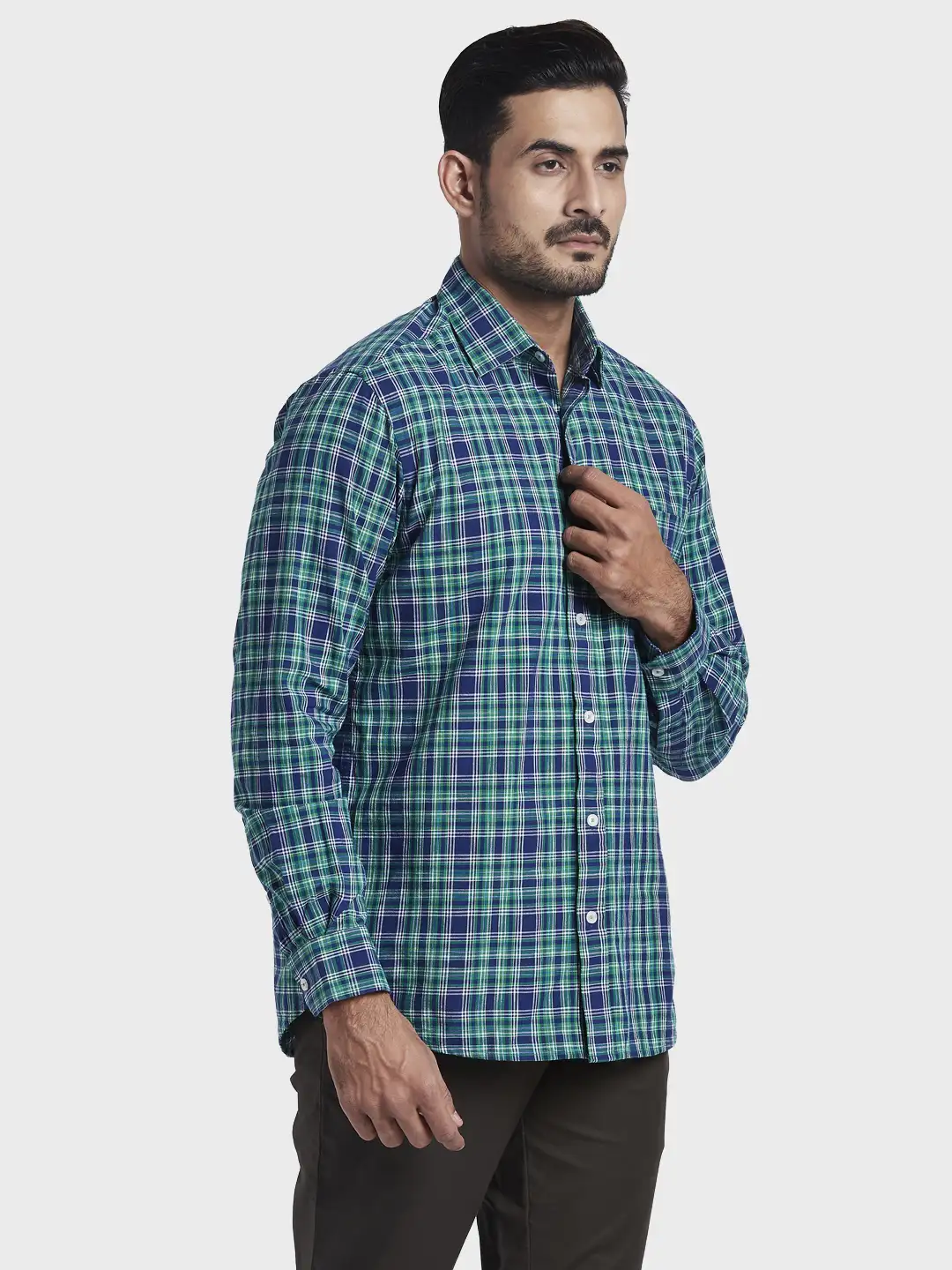 Men Green Tailored Fit Checks Cotton Blend Full Sleeve Shirts - Image 2