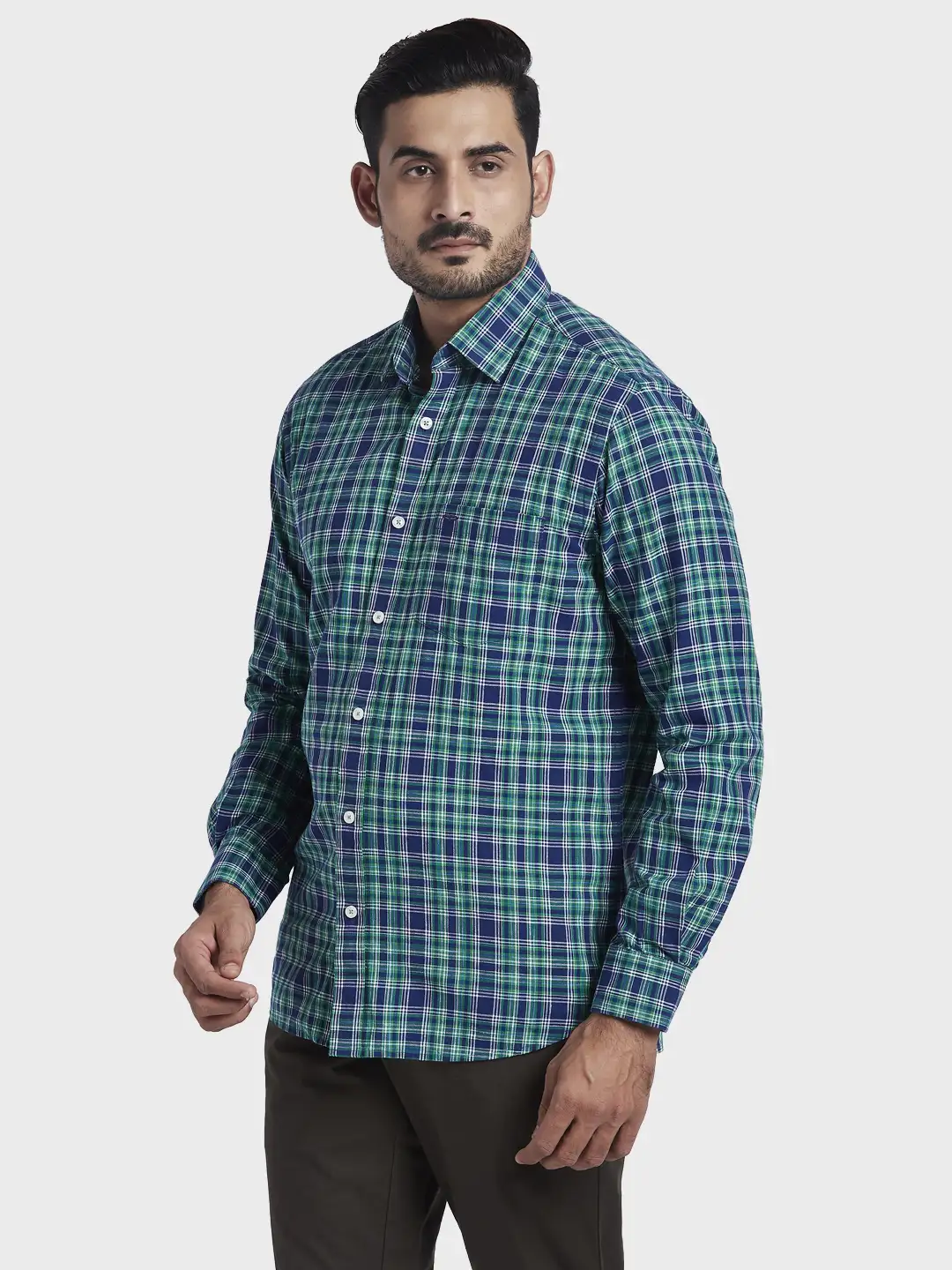 Men Green Tailored Fit Checks Cotton Blend Full Sleeve Shirts - Image 3