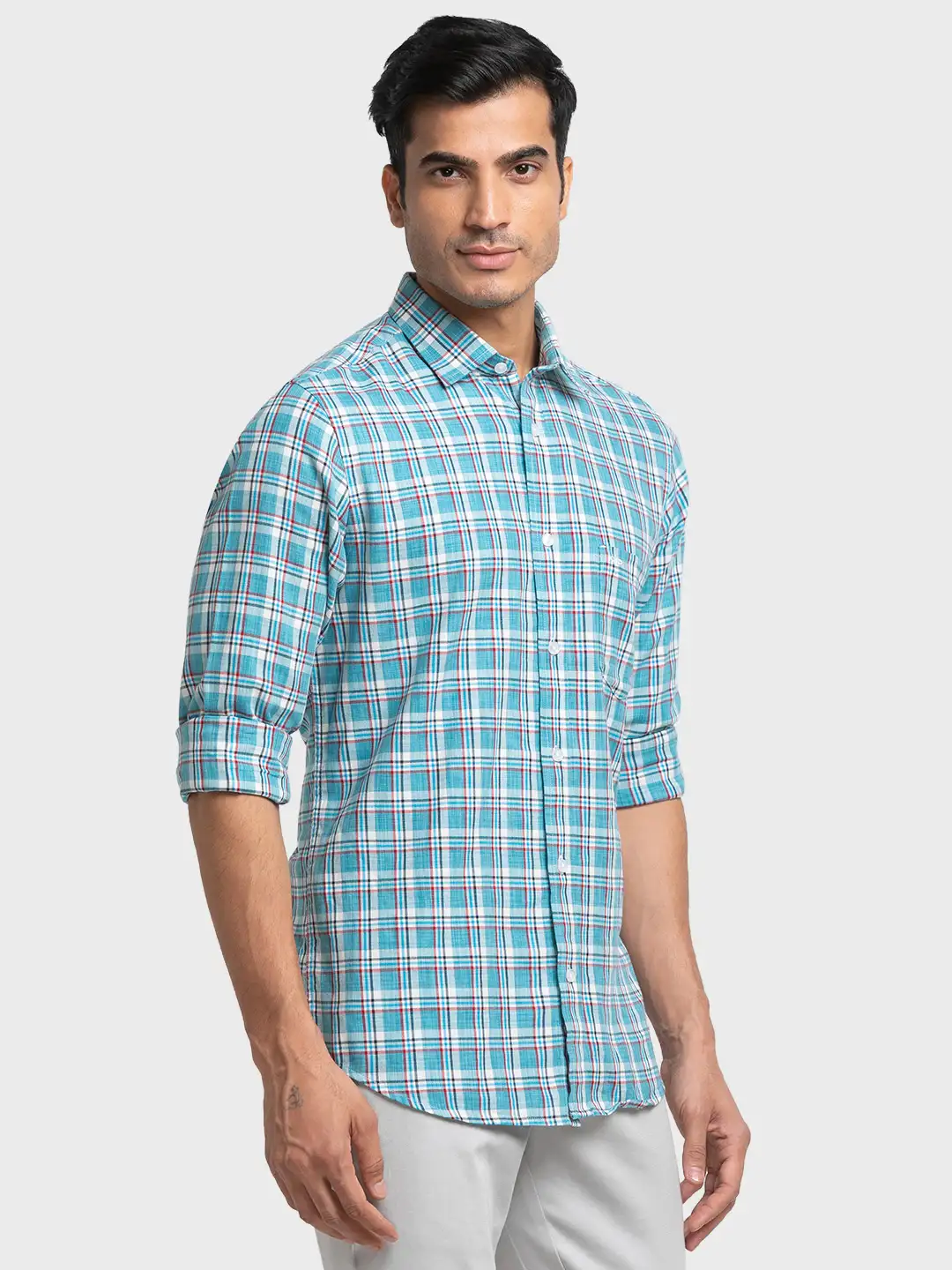 Men Green Tailored Fit Checks Cotton Full Sleeve Shirts - Image 2