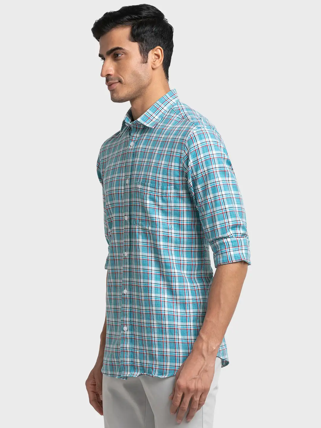 Men Green Tailored Fit Checks Cotton Full Sleeve Shirts - Image 3