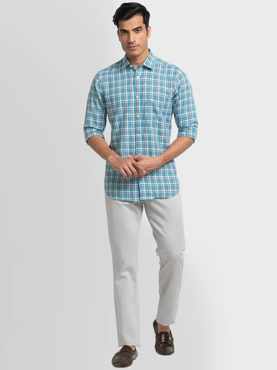 Men Green Tailored Fit Checks Cotton Full Sleeve Shirts - Image 5