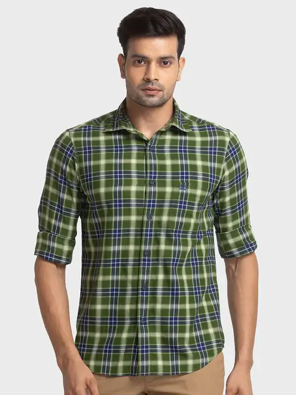 Colorplus Men Green Tailored Fit Checks Cotton Shirt