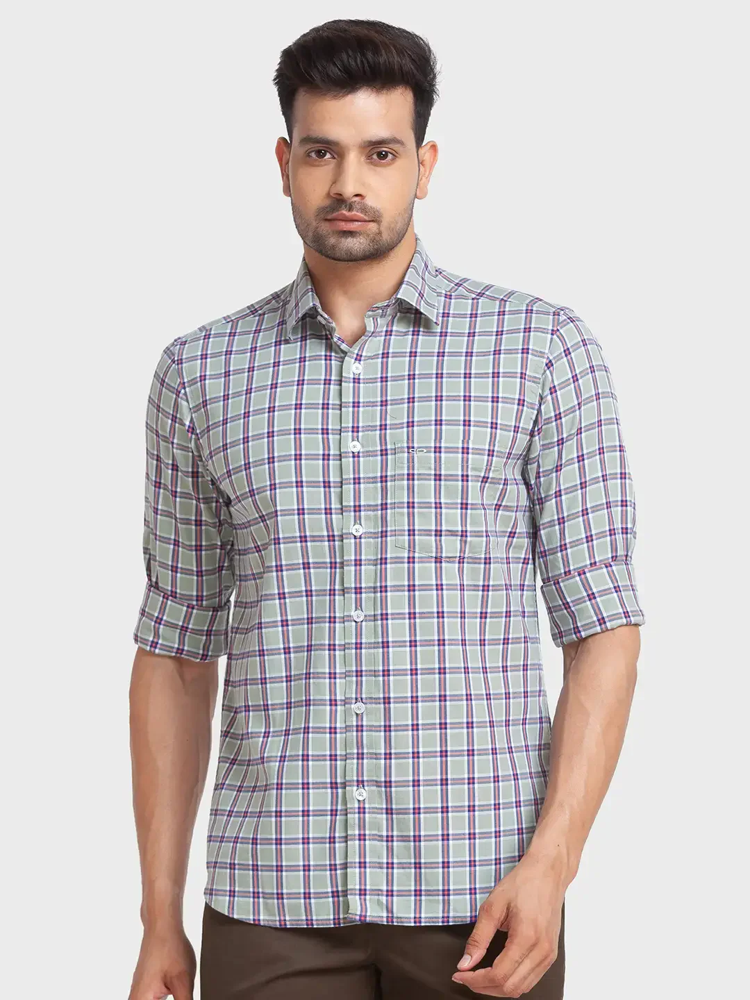 Men Green Tailored Fit Checks Cotton Full Sleeve Shirts