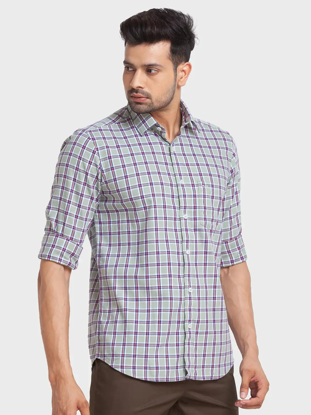 Men Green Tailored Fit Checks Cotton Full Sleeve Shirts - Image 2