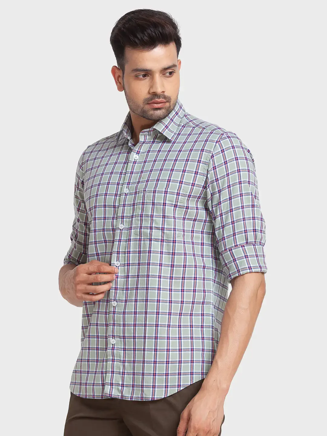Men Green Tailored Fit Checks Cotton Full Sleeve Shirts - Image 3