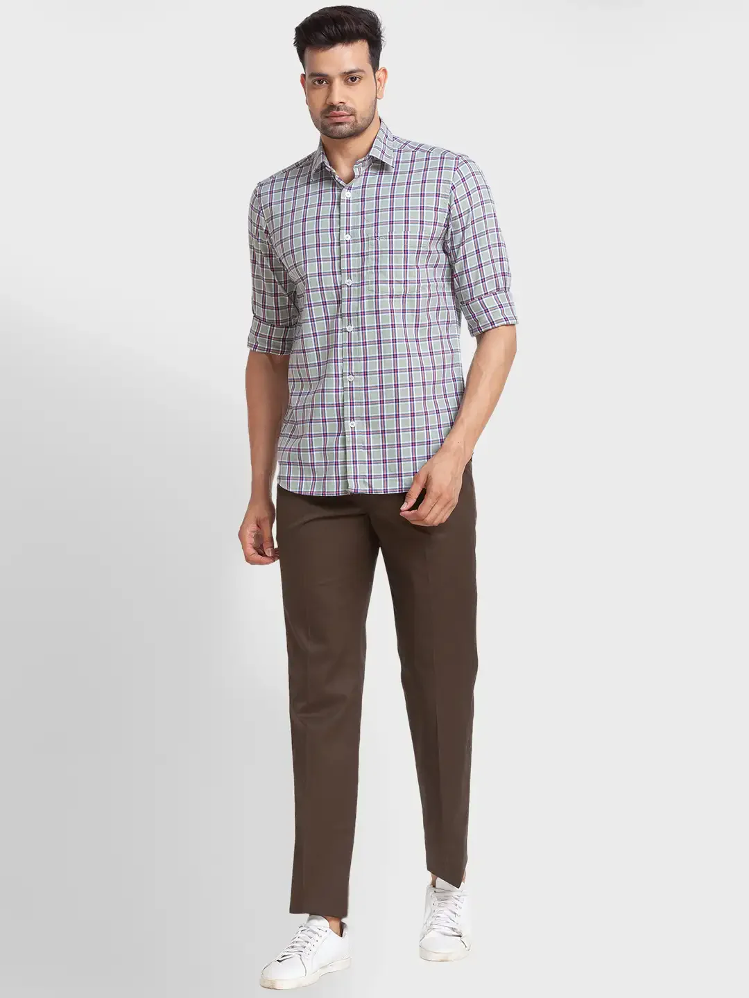 Men Green Tailored Fit Checks Cotton Full Sleeve Shirts - Image 5