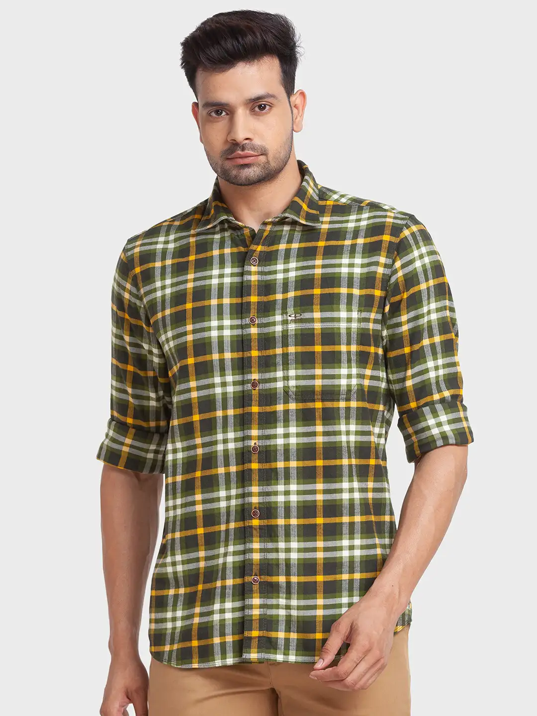 Men Green Tailored Fit Checks Cotton Full Sleeve Shirts