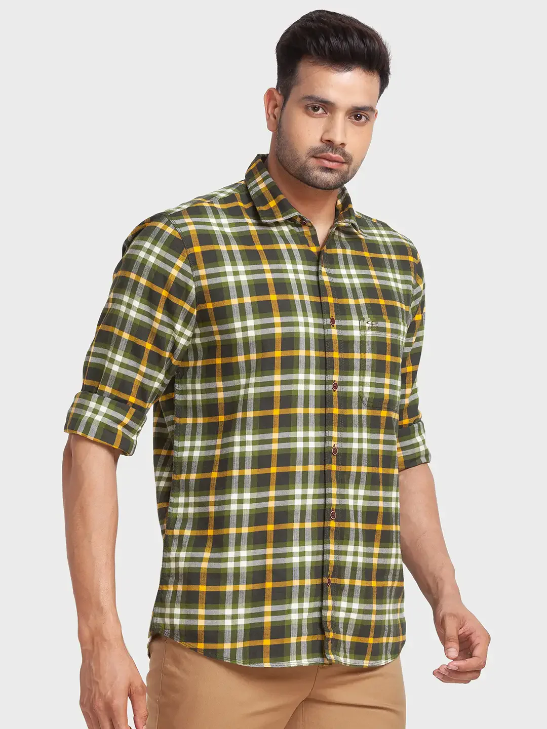 Men Green Tailored Fit Checks Cotton Full Sleeve Shirts - Image 2