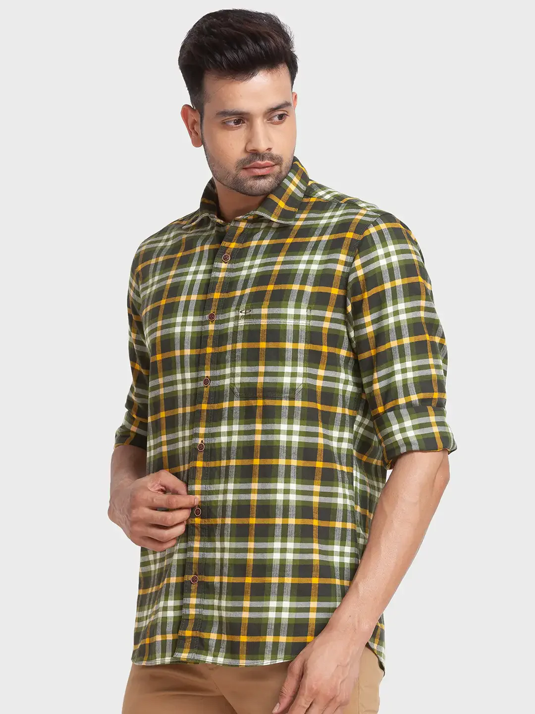Men Green Tailored Fit Checks Cotton Full Sleeve Shirts - Image 3
