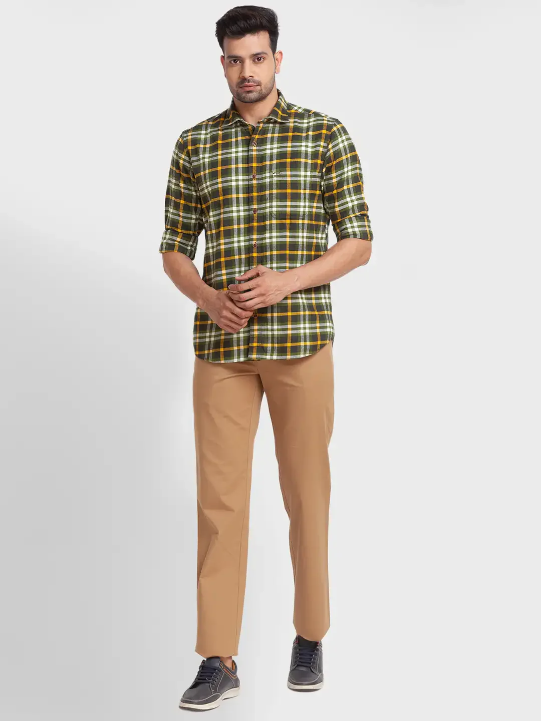 Men Green Tailored Fit Checks Cotton Full Sleeve Shirts - Image 5