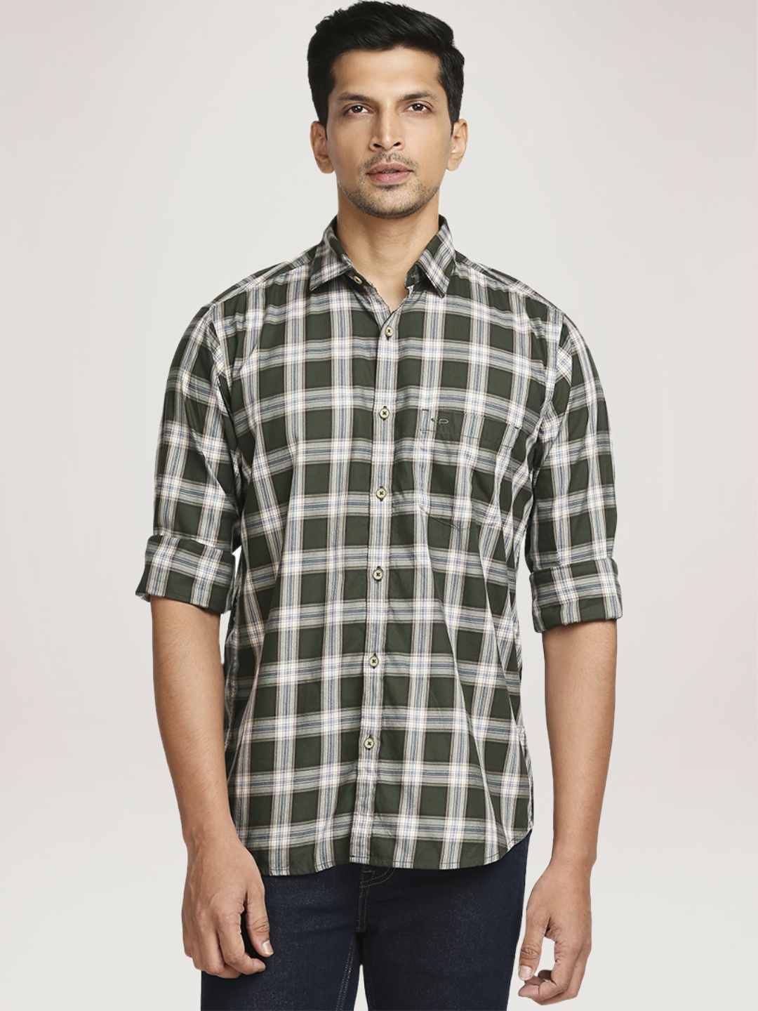 Men Green Tailored Fit Checks Cotton Full Sleeve Shirts