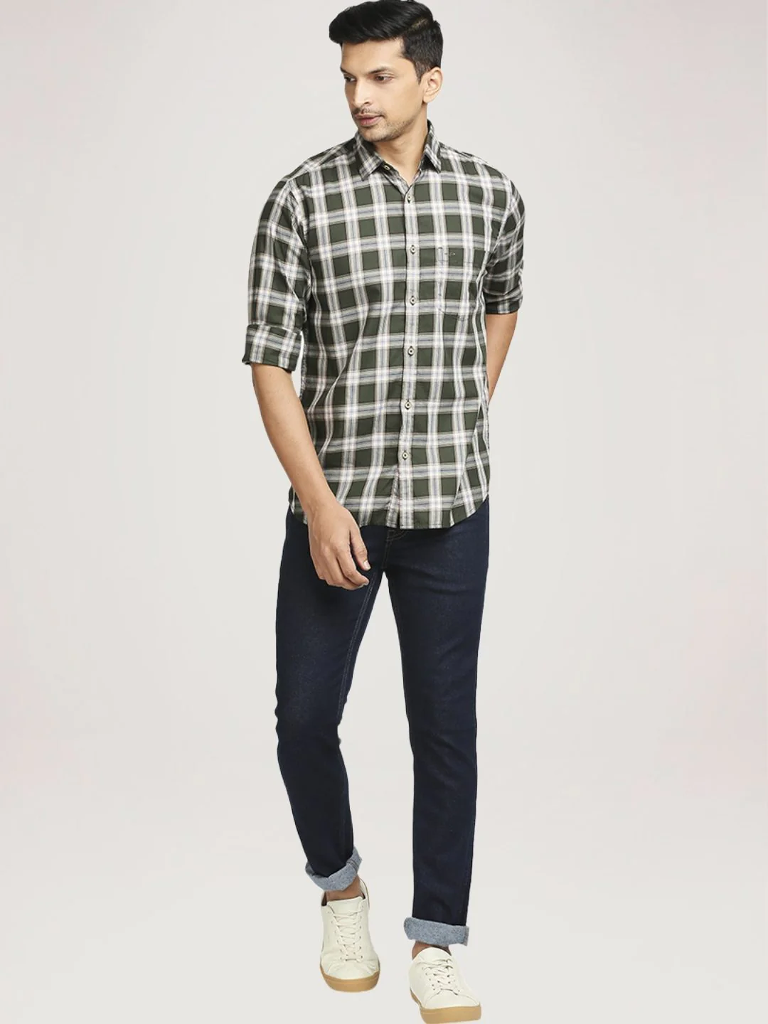 Men Green Tailored Fit Checks Cotton Full Sleeve Shirts - Image 3