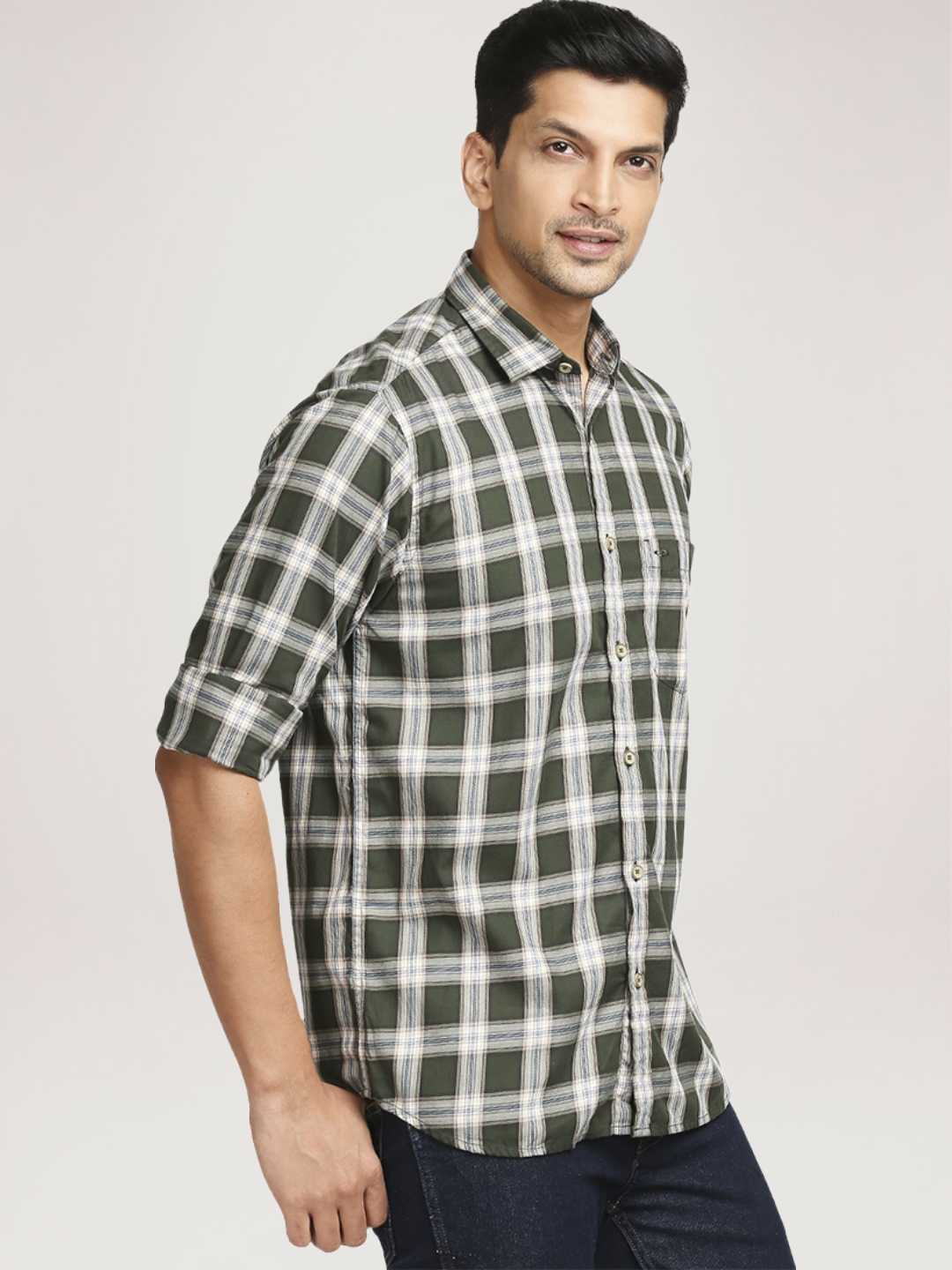 Men Green Tailored Fit Checks Cotton Full Sleeve Shirts - Image 5