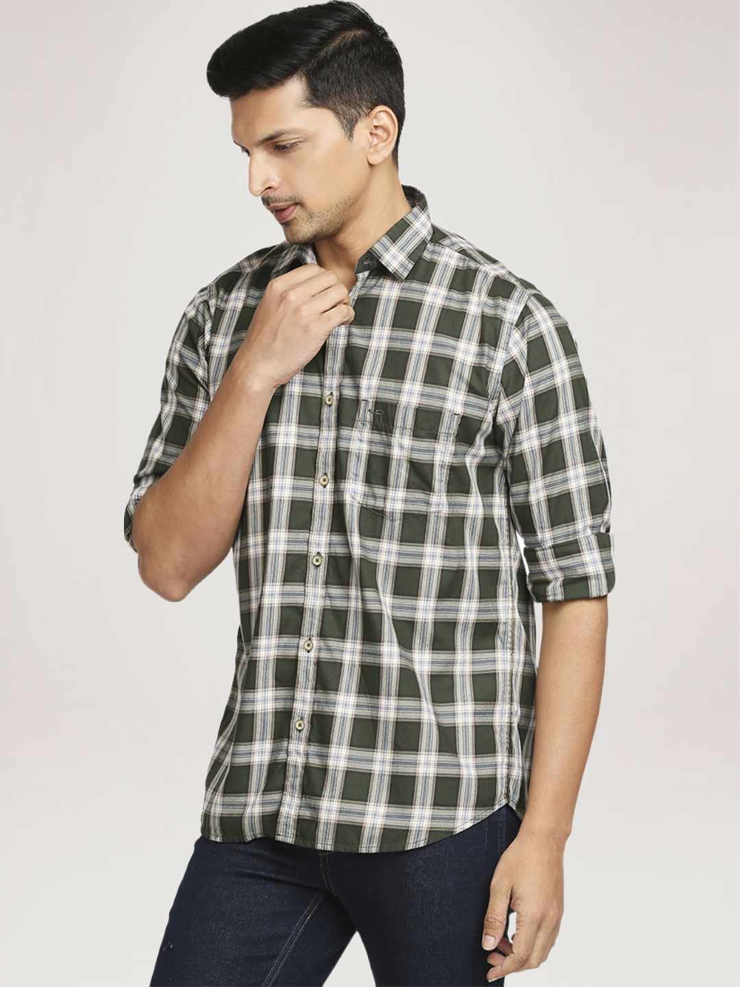 Men Green Tailored Fit Checks Cotton Full Sleeve Shirts - Image 6