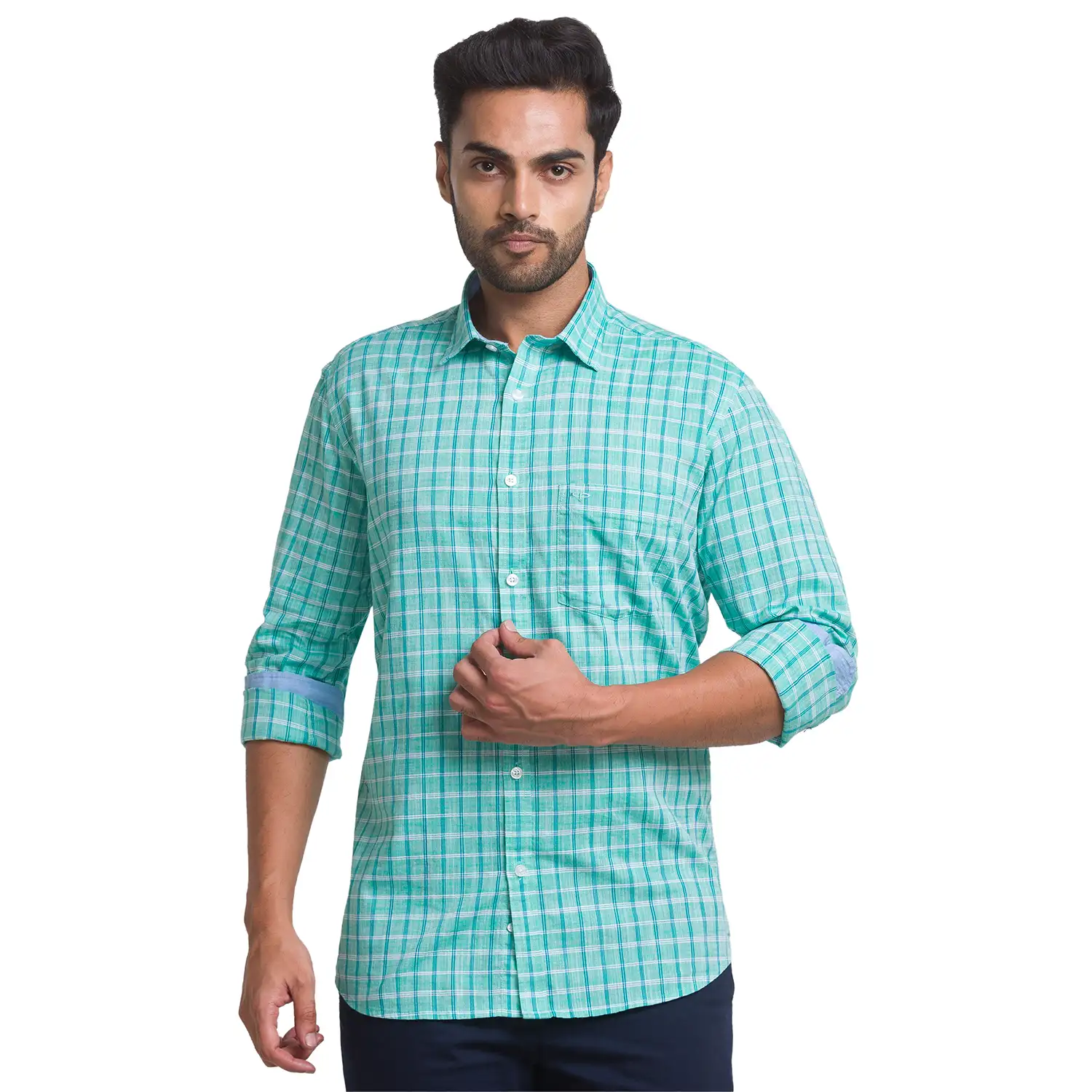 Men Green Tailored Fit Checks Cotton Full Sleeve Shirts