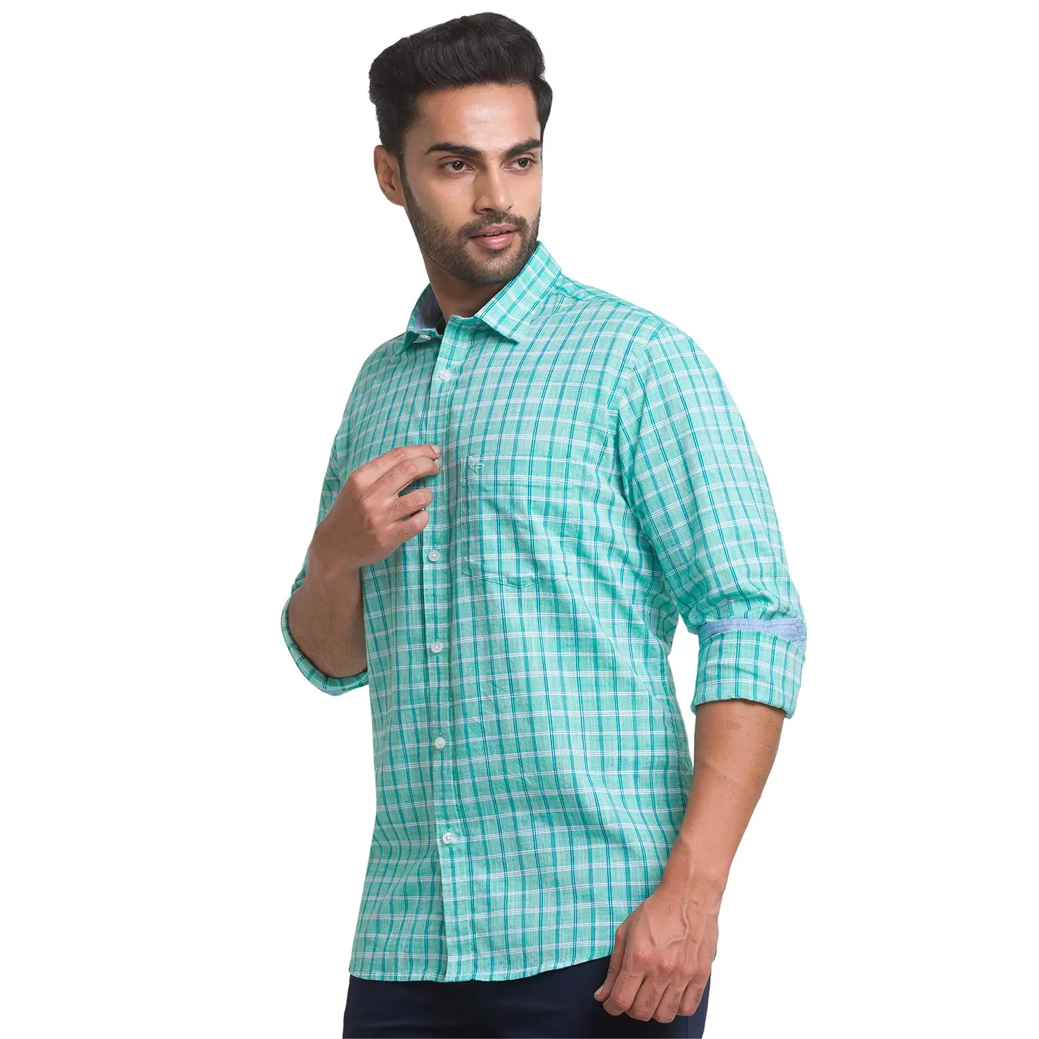 Men Green Tailored Fit Checks Cotton Full Sleeve Shirts - Image 3