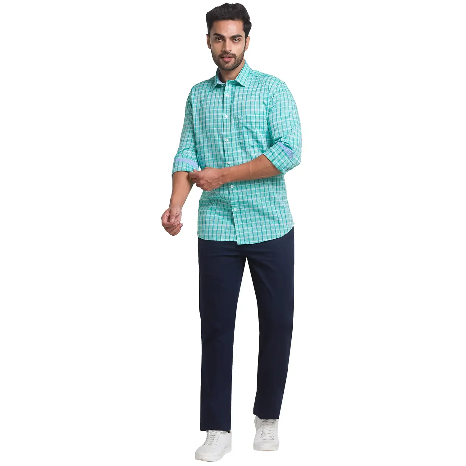 Men Green Tailored Fit Checks Cotton Full Sleeve Shirts - Image 5