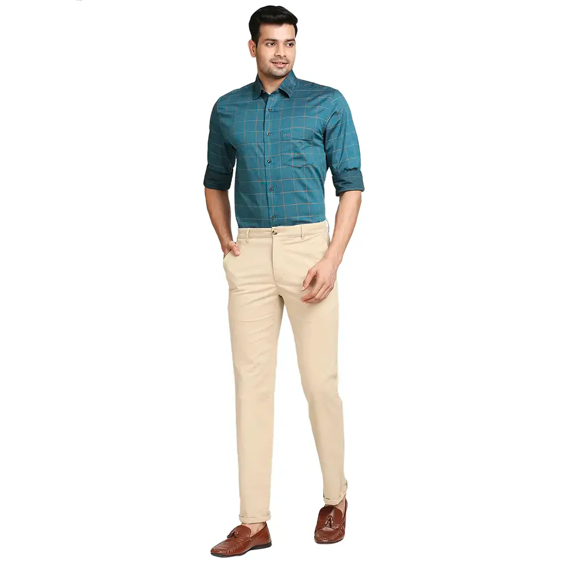 Men Green Tailored Fit Checks Cotton Full Sleeve Shirts - Image 5