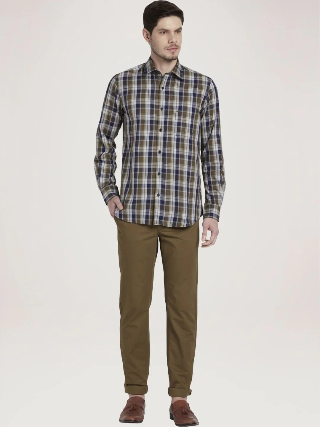 Men Green Tailored Fit Checks Cotton Full Sleeve Shirts - Image 2