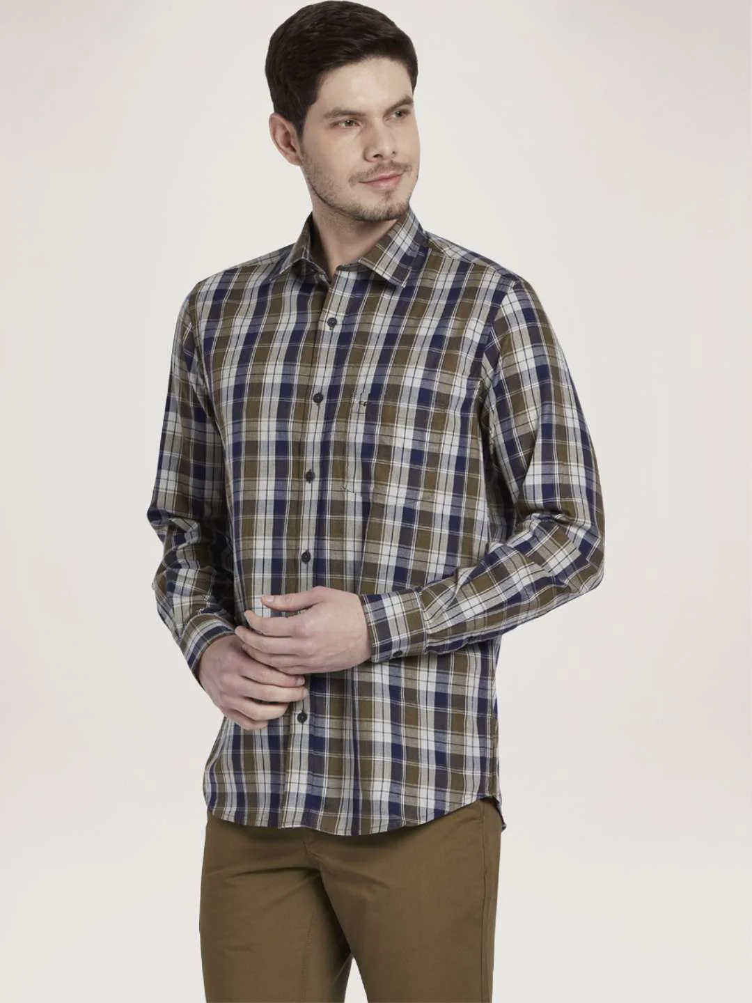 Men Green Tailored Fit Checks Cotton Full Sleeve Shirts - Image 5