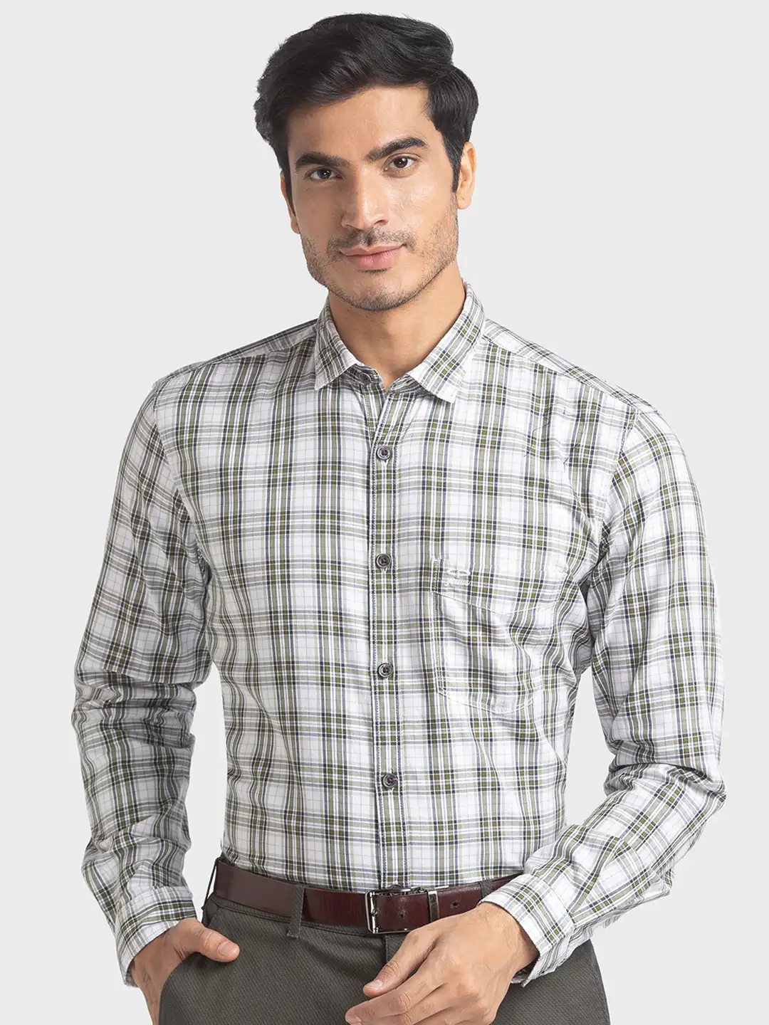 Men Green Tailored Fit Checks Cotton Full Sleeve Shirts