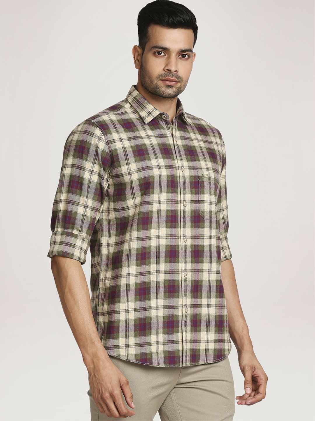 Men Green Tailored Fit Checks Cotton Full Sleeve Shirts - Image 5