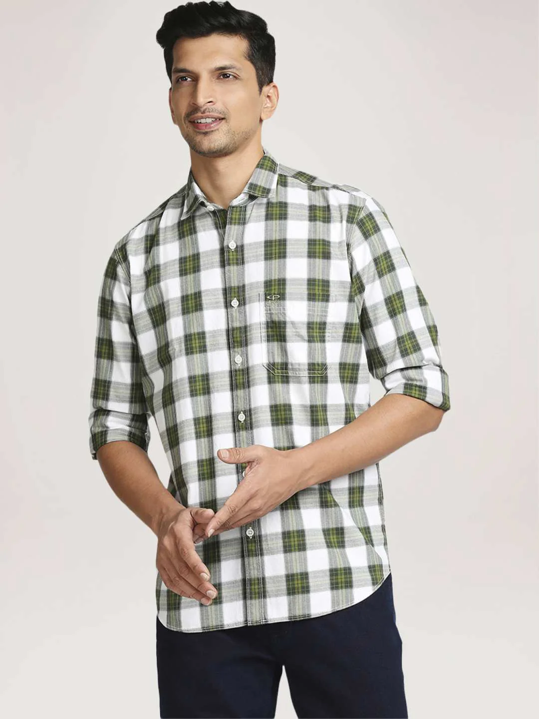 Men Green Tailored Fit Checks Cotton Full Sleeve Shirts - Image 2