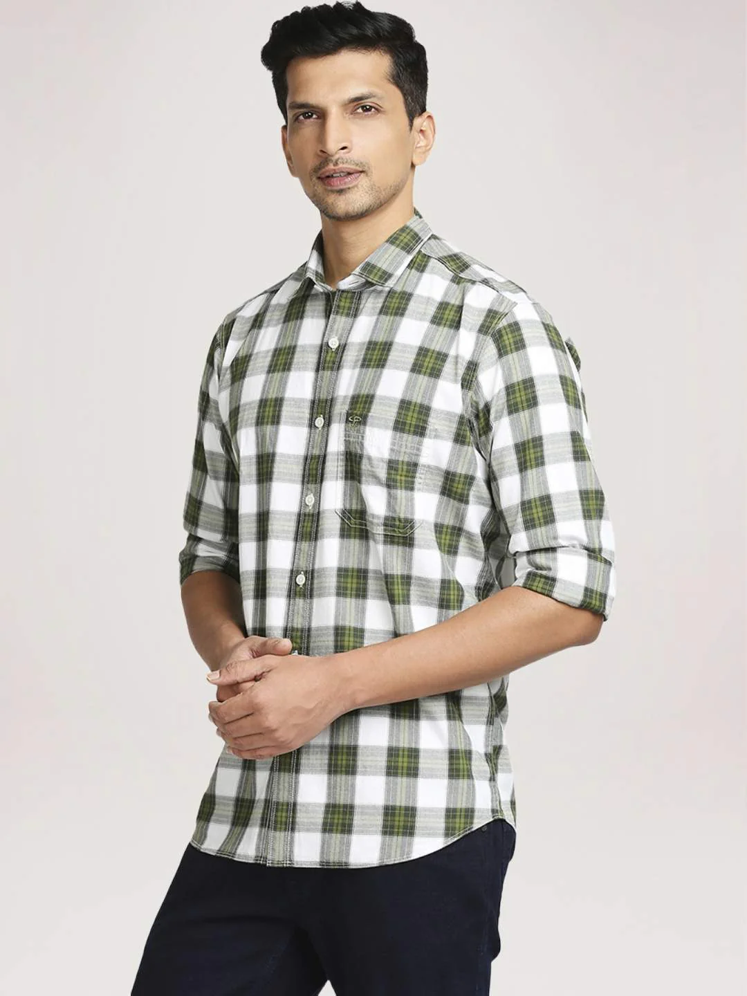 Men Green Tailored Fit Checks Cotton Full Sleeve Shirts - Image 3