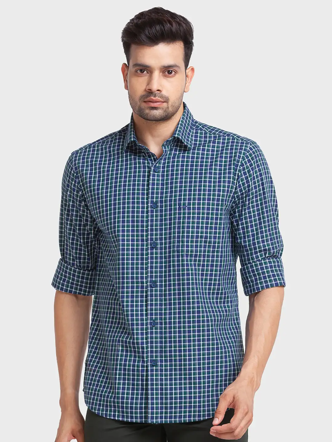 Men Green Tailored Fit Checks Cotton Full Sleeve Shirts