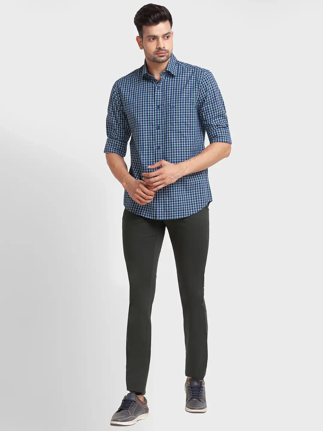 Men Green Tailored Fit Checks Cotton Full Sleeve Shirts - Image 5