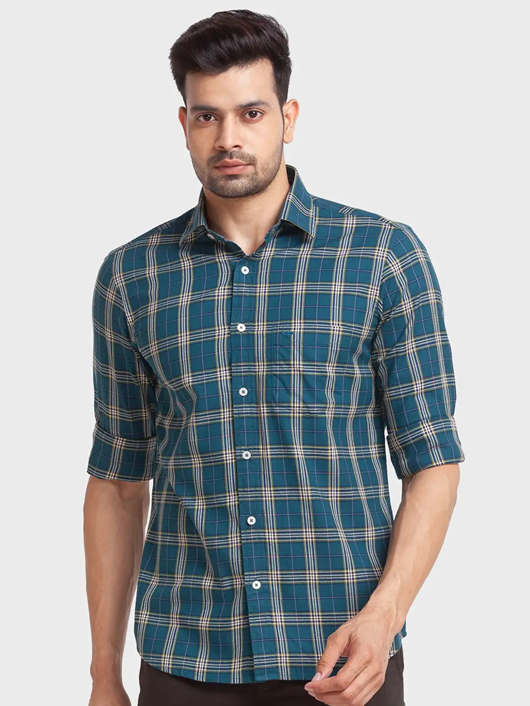 Men Green Tailored Fit Checks Cotton Full Sleeve Shirts