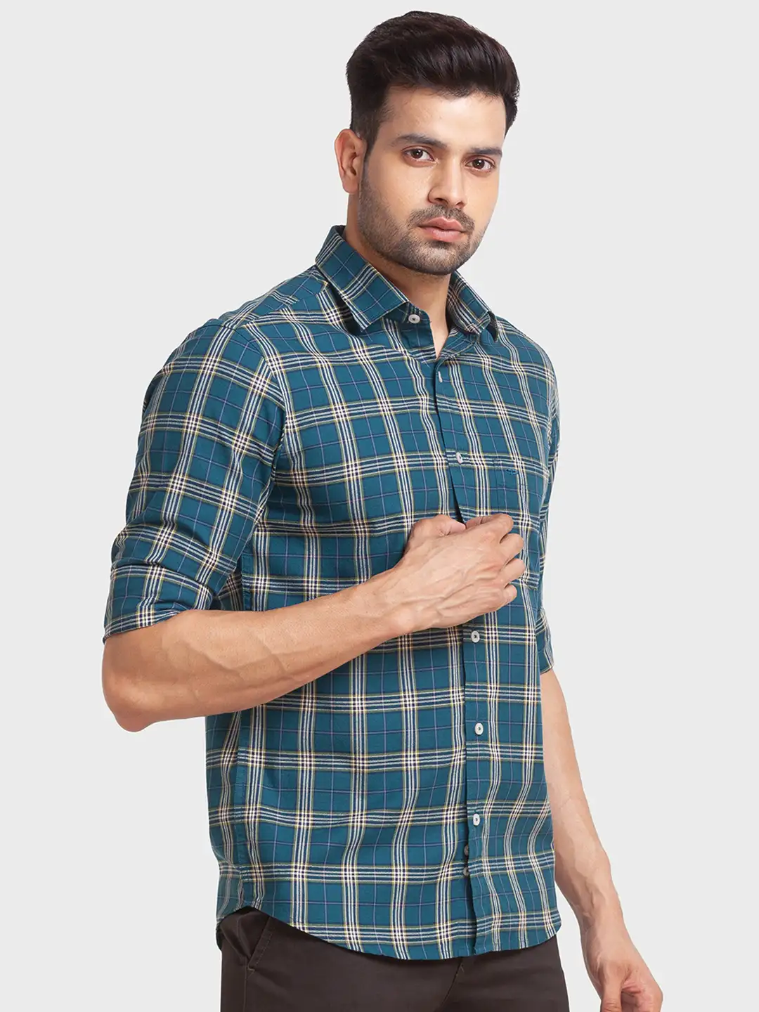 Men Green Tailored Fit Checks Cotton Full Sleeve Shirts - Image 2