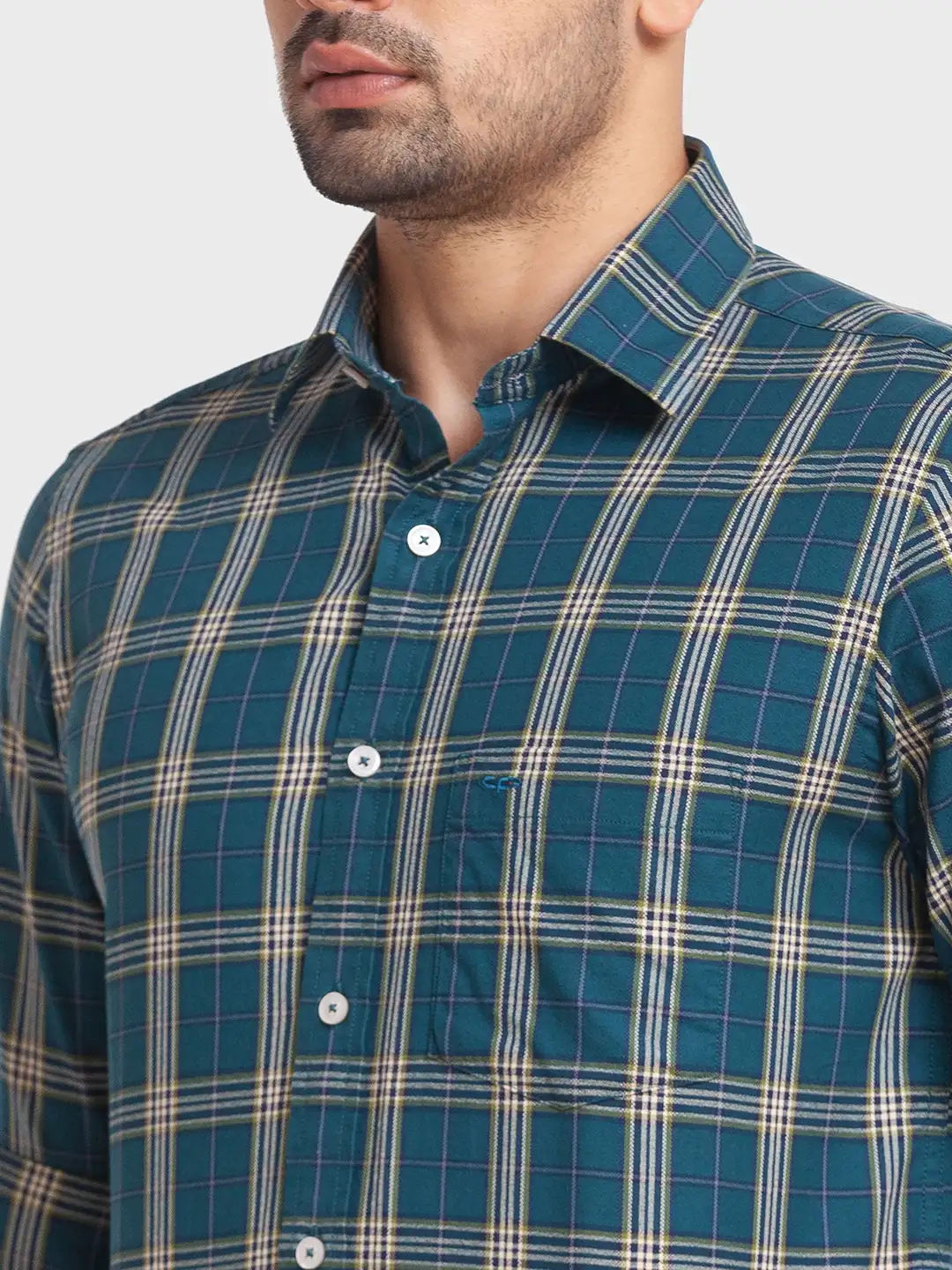 Men Green Tailored Fit Checks Cotton Full Sleeve Shirts - Image 6