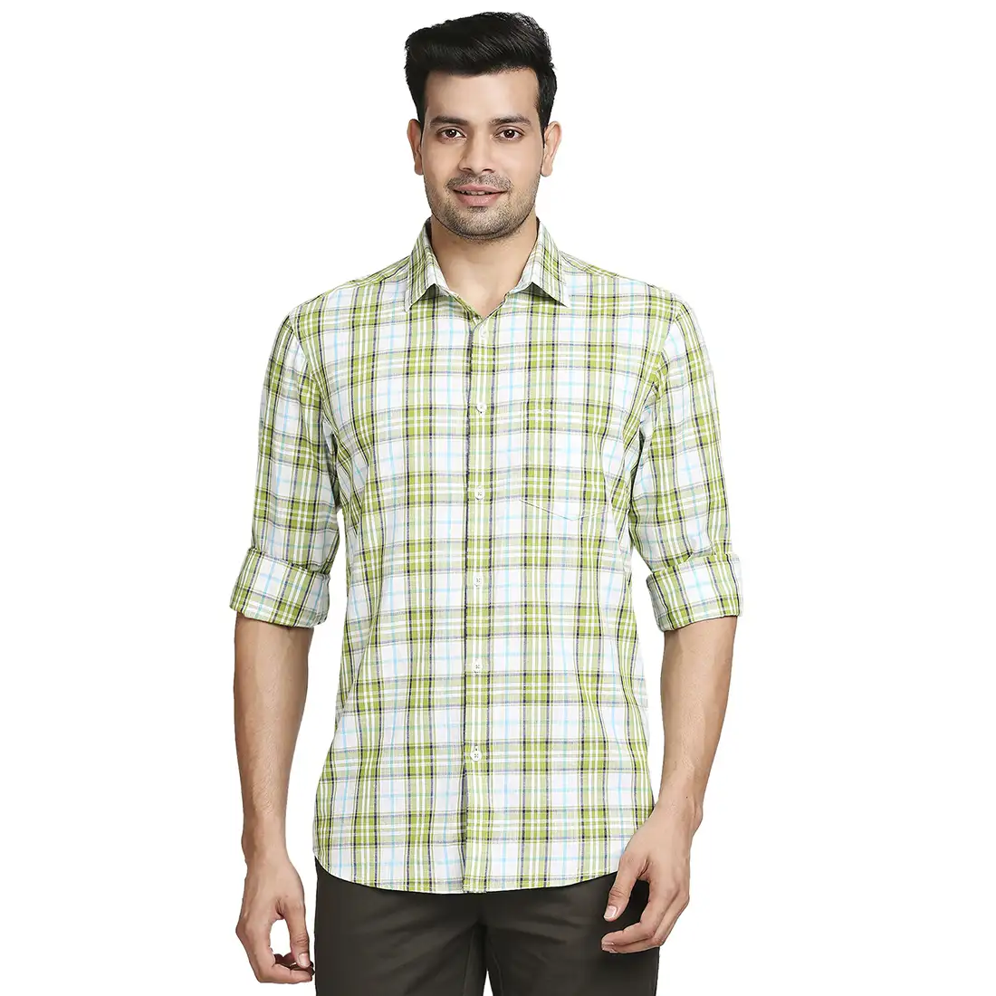 Men Green Tailored Fit Checks Cotton Full Sleeve Shirts