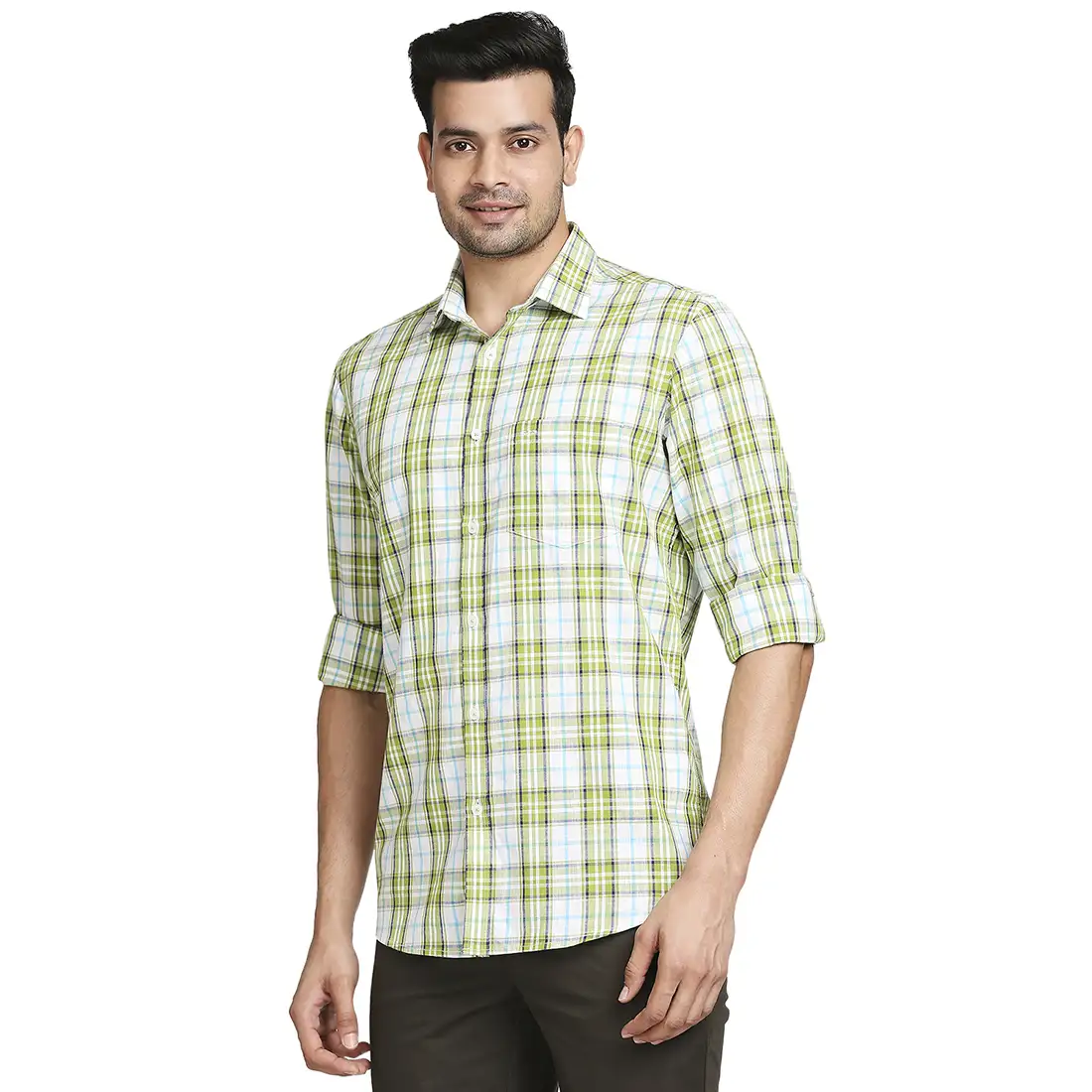 Men Green Tailored Fit Checks Cotton Full Sleeve Shirts - Image 2
