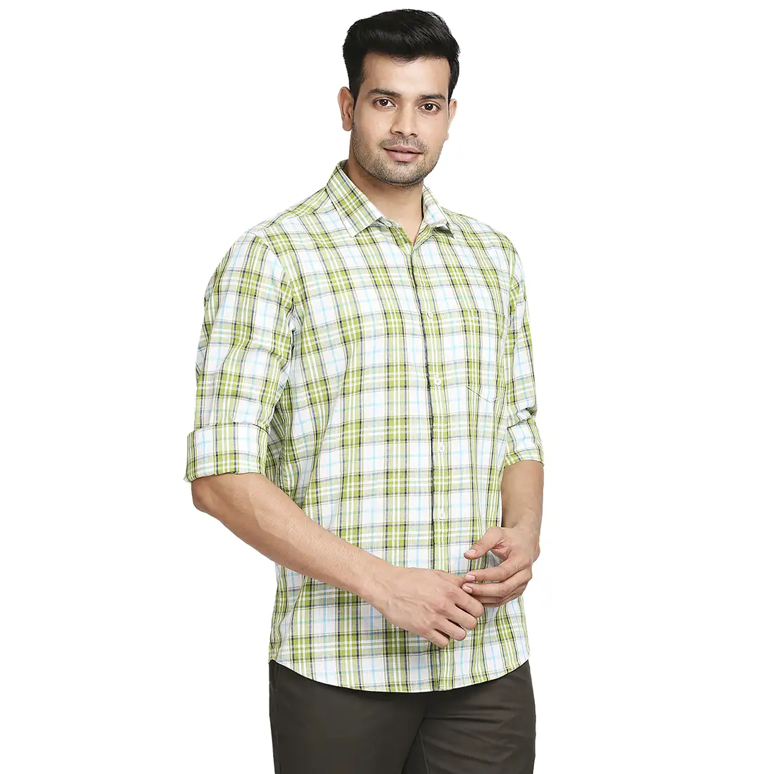 Men Green Tailored Fit Checks Cotton Full Sleeve Shirts - Image 3