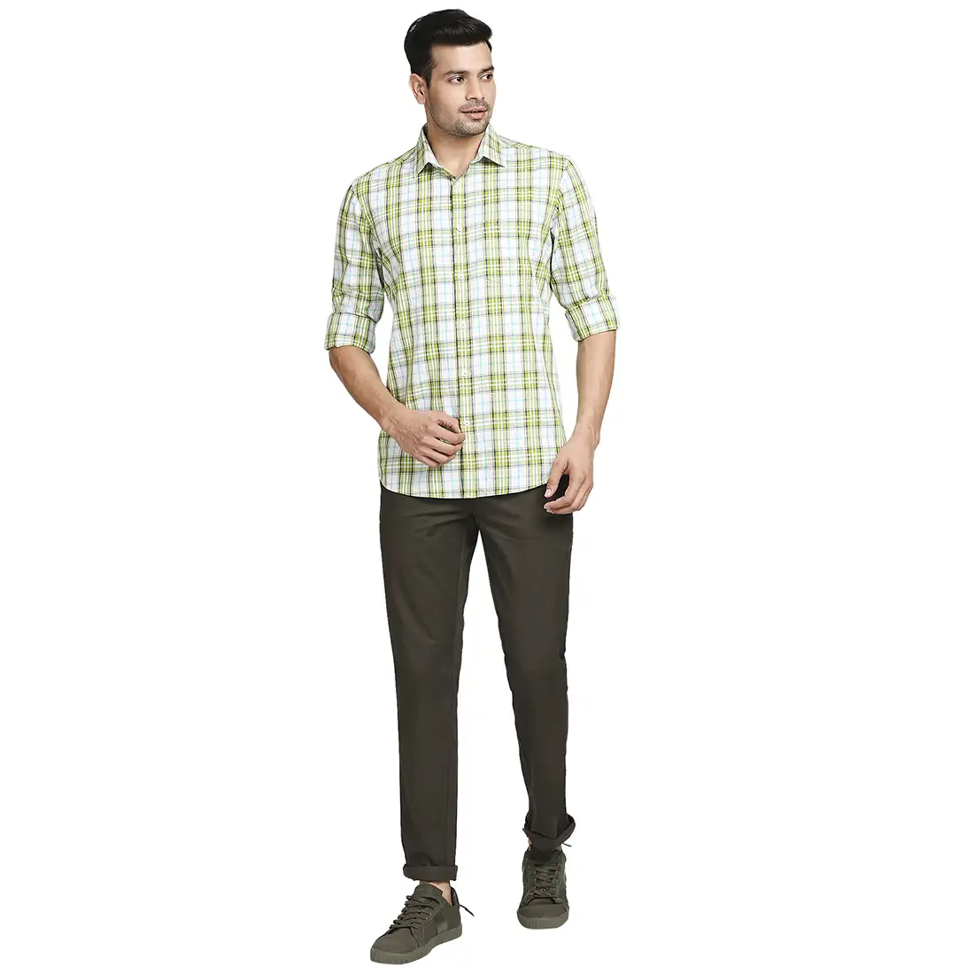 Men Green Tailored Fit Checks Cotton Full Sleeve Shirts - Image 5
