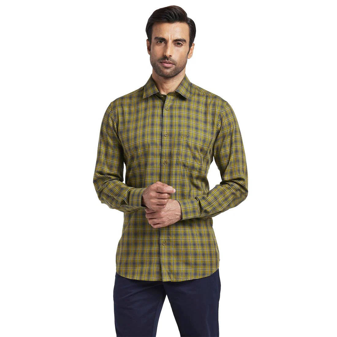 Men Green Tailored Fit Checks Cotton Full Sleeve Shirts