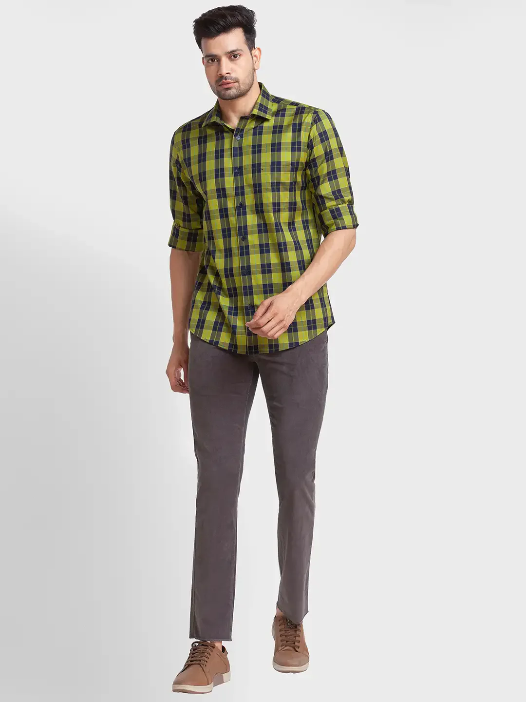 Men Green Tailored Fit Checks Cotton Full Sleeve Shirts - Image 5