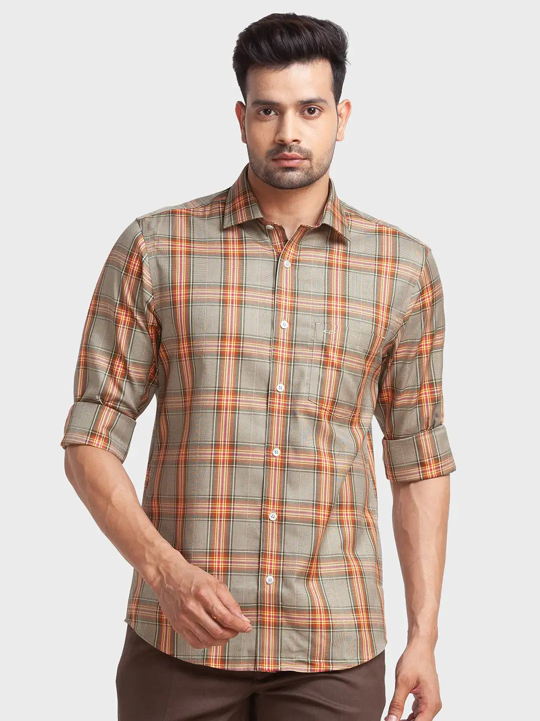 Colorplus Men Brown Checks Tailored Fit Cotton Casual Shirt