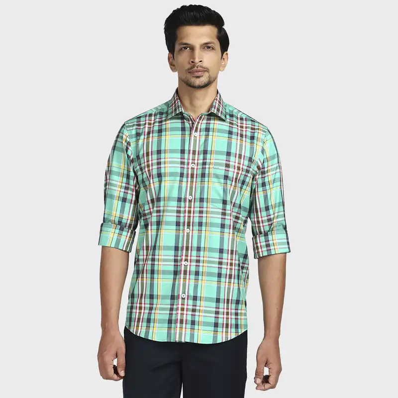 Men Green Tailored Fit Checks Cotton Full Sleeve Shirts