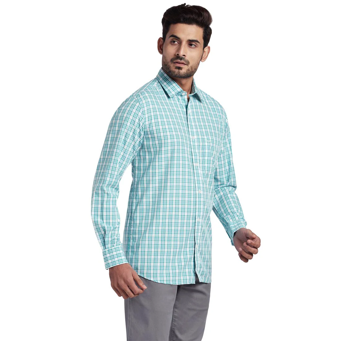 Men Green Tailored Fit Checks Tencel Blend Full Sleeve Shirts - Image 2