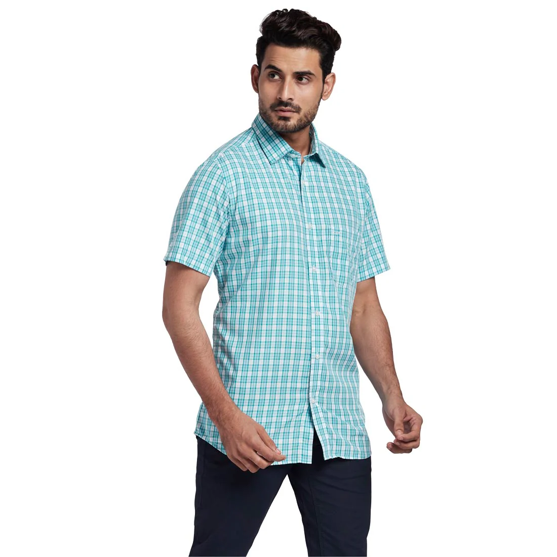 Men Green Tailored Fit Checks Tencel Blend Half Sleeve Shirts - Image 2