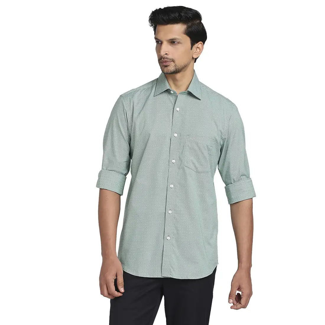 Men Green Tailored Fit Dobby Cotton Full Sleeve Shirts